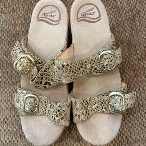 Dansko Beige Snake Print Sandals with Gold Buckles